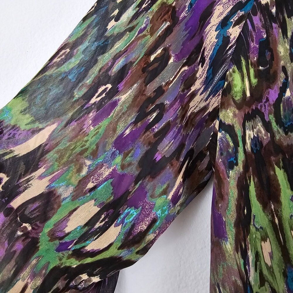 Fig & Flower Womens Sz M Green Purple Art Print Boho Blouse Hi Low Casual Top - Picture 6 of 15